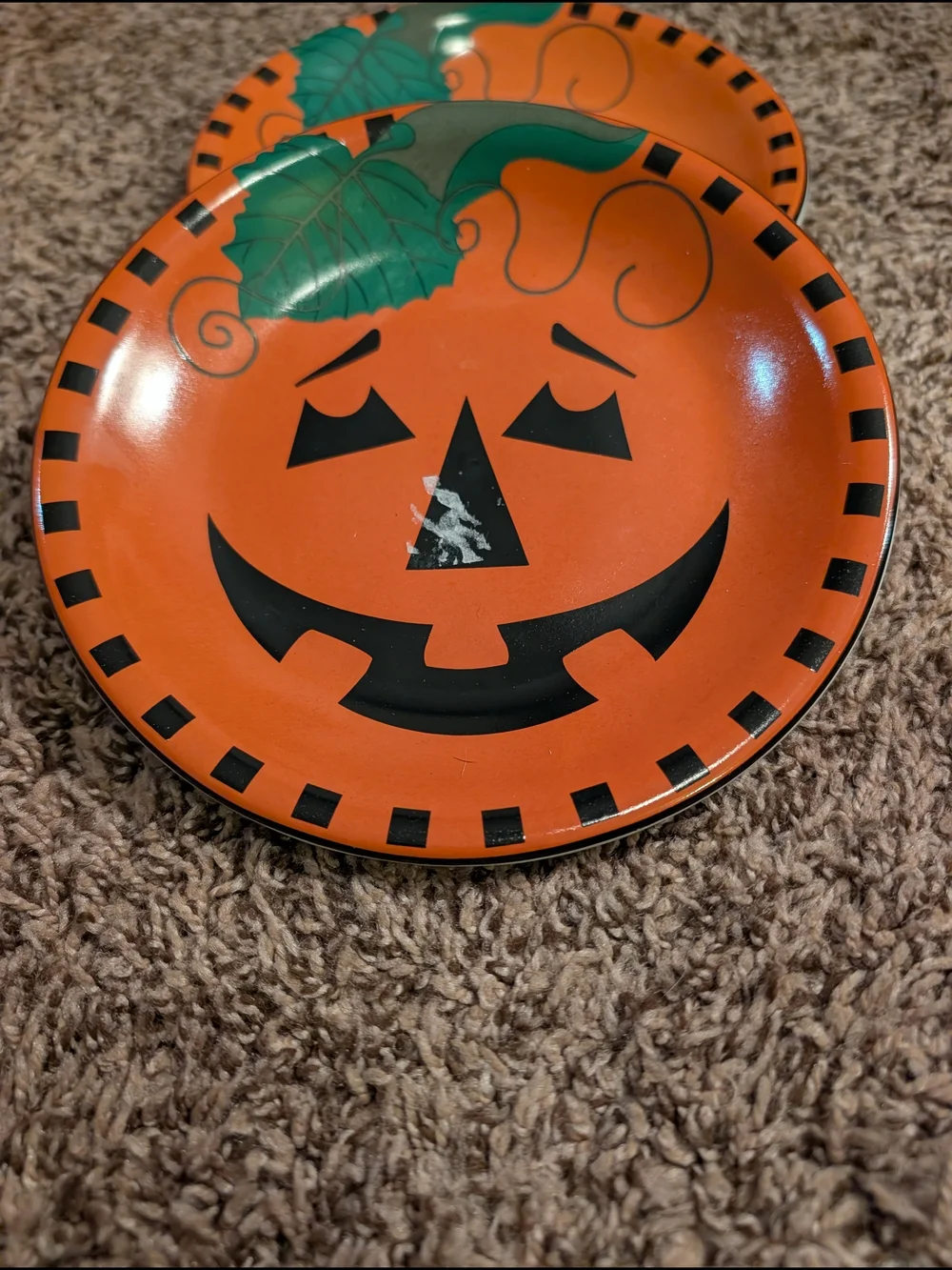Set of 2 Halloween Jack-o'-lantern Ceramic Dessert Plates Orange 8 in Round